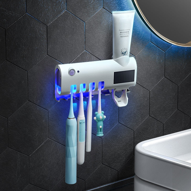 Smart Induction UV Light Toothbrush Holder Toothbrush Cleaner Wall Mount Sterilizer Box Automatic Toothpaste Dispen Bathroom